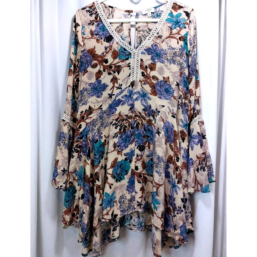 Umgee Womens Dress Boho Floral Border Print Long Sleeve Peasant Multicolor SzMed